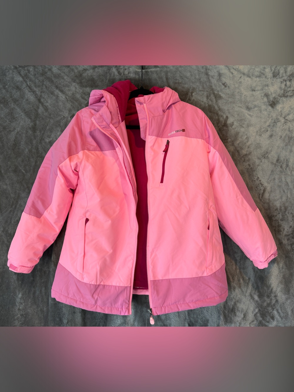 Swiss Tech Girls Pink Colorblock Hooded Raincoat with Zip Pockets